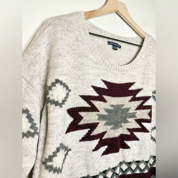 American Eagle Wool Blend Sweater in Tan and Maroon Aztec Print - Size L - Picture 2 of 5